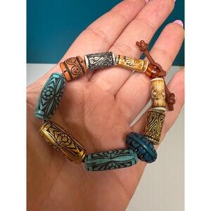 Boho Tribal Etched Bead Leather Cord Bracelet Turquoise Gold Orange